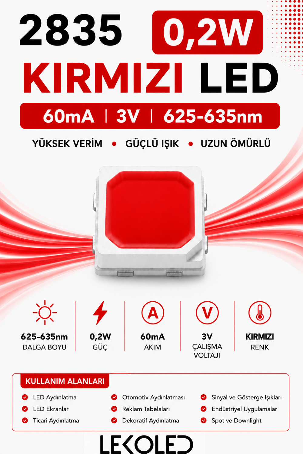 2835 0,2W KIRMIZI 60mA 3V SMD LED 