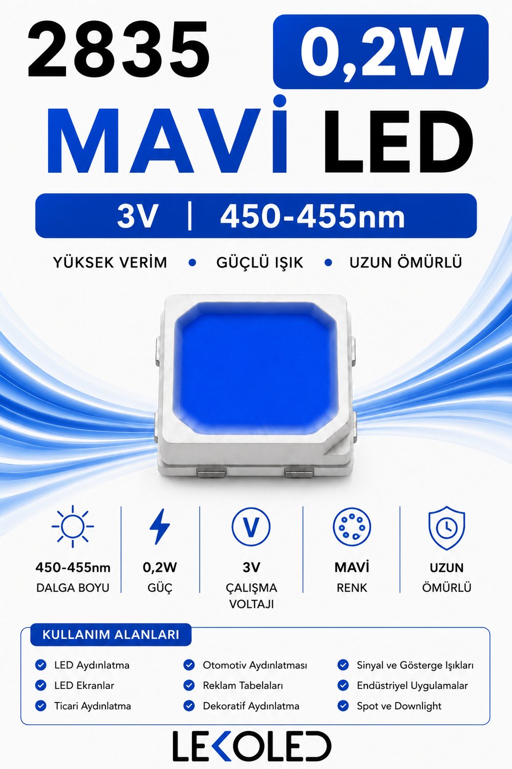 2835 0,2W MAVİ 60mA 3V SMD LED 