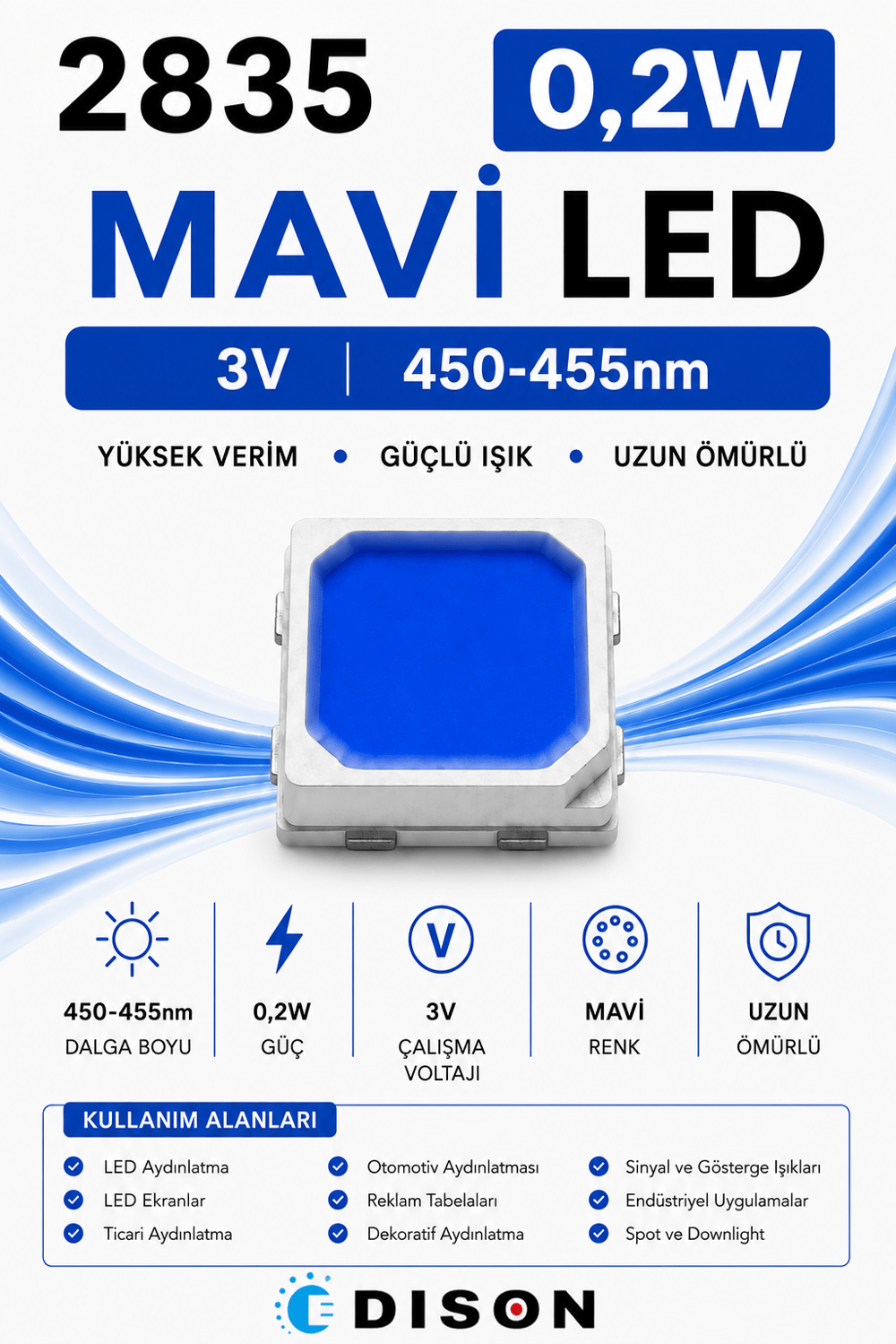 2835 0,2W MAVİ 60mA 3V SMD LED EDISON