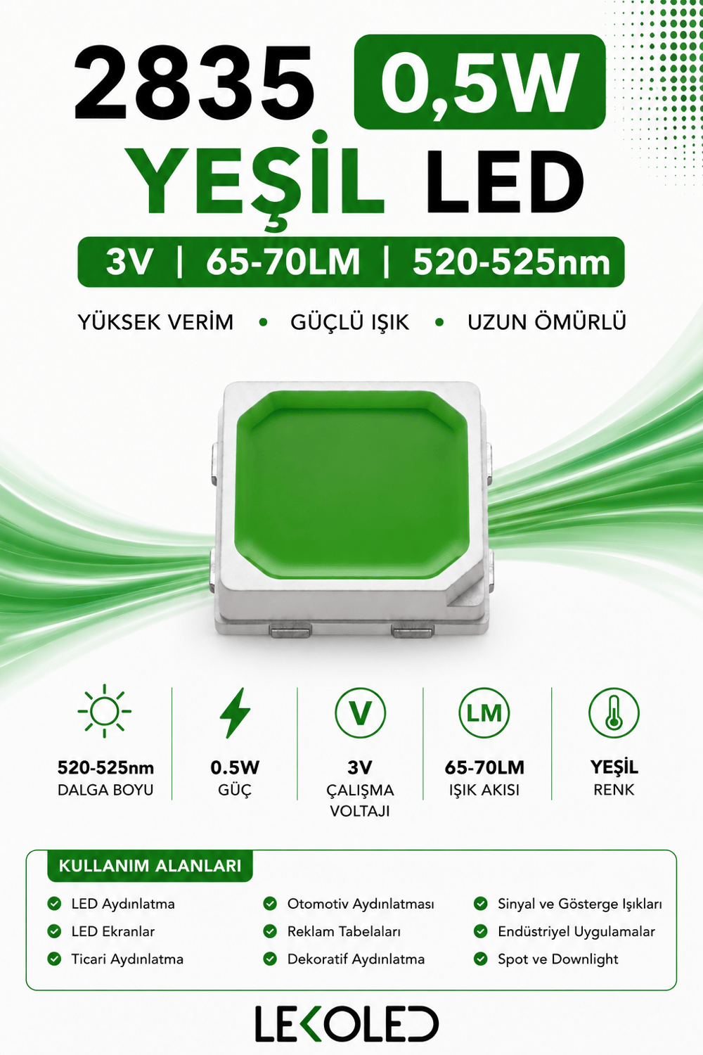 2835 0,5W YEŞİL 150mA 3V SMD LED