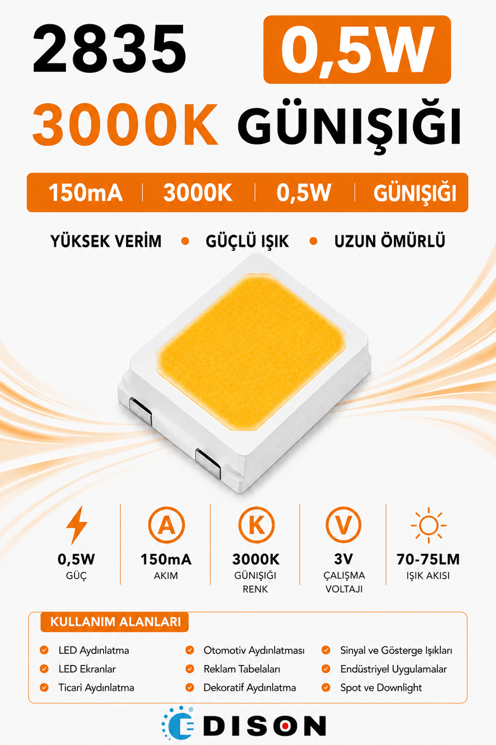 2835 150mA  3000K GÜNIŞIĞI 0.5W  SMD LED Edison