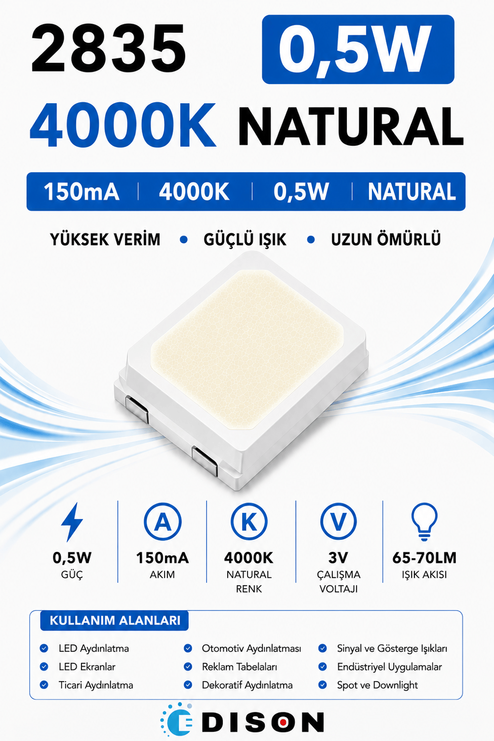 2835 150mA  4000K NATURAL 0.5W  SMD LED Edison