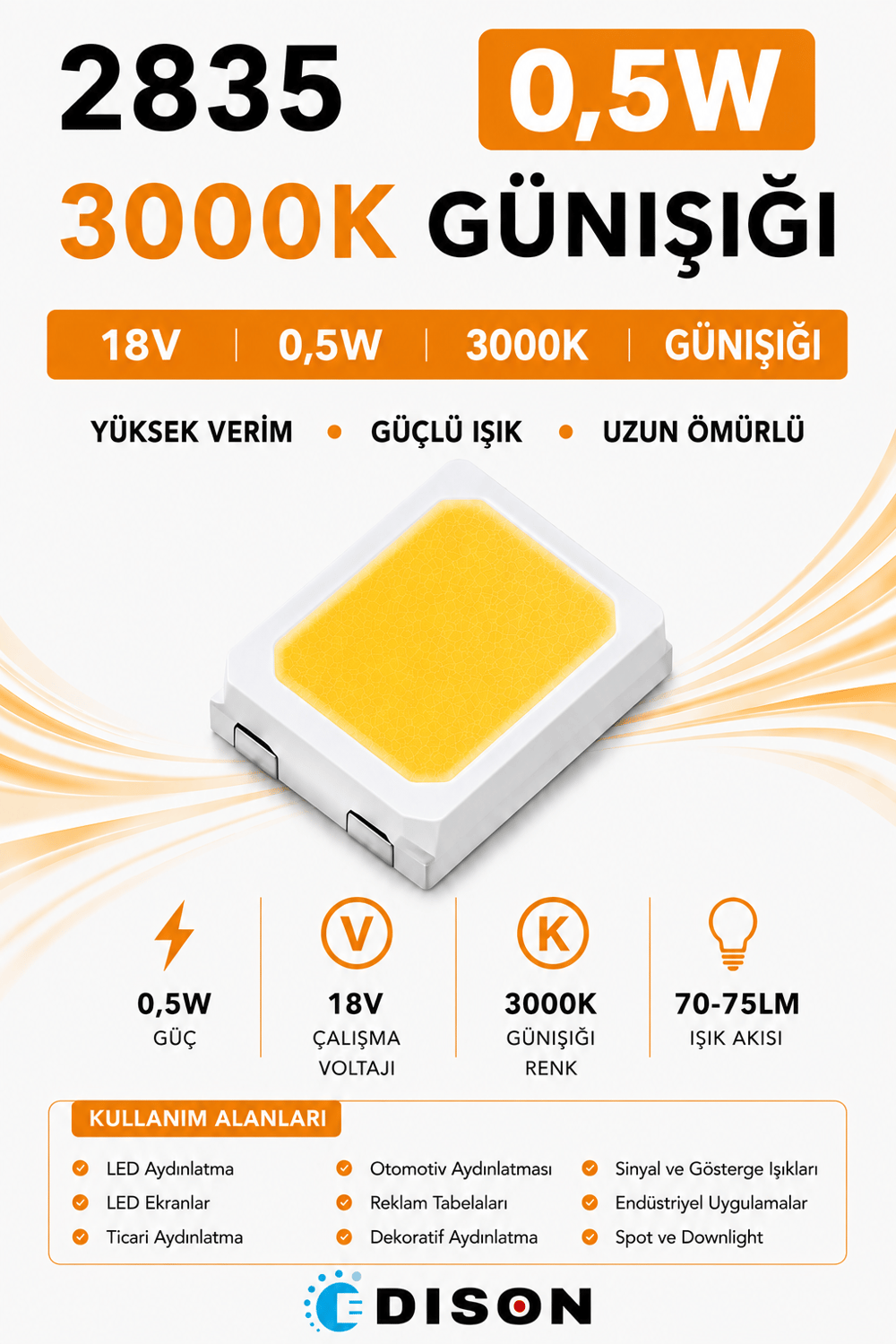 2835 18V 0,5W Günışığı 3000K SMD LED