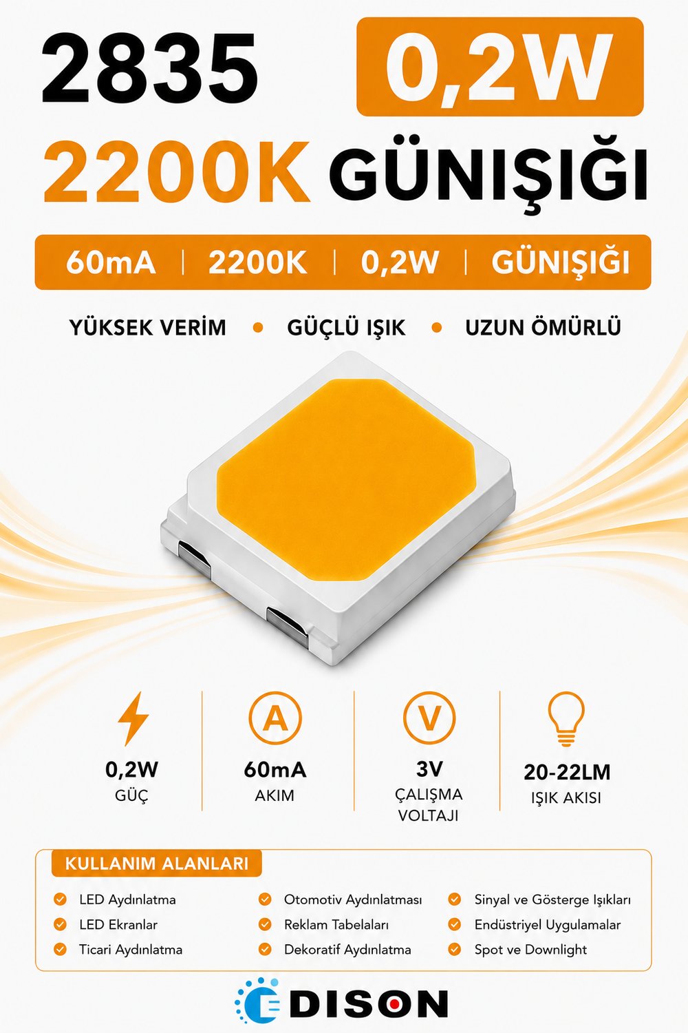 2835 60mA 2200K GÜNIŞIĞI 0.2W SMD LED