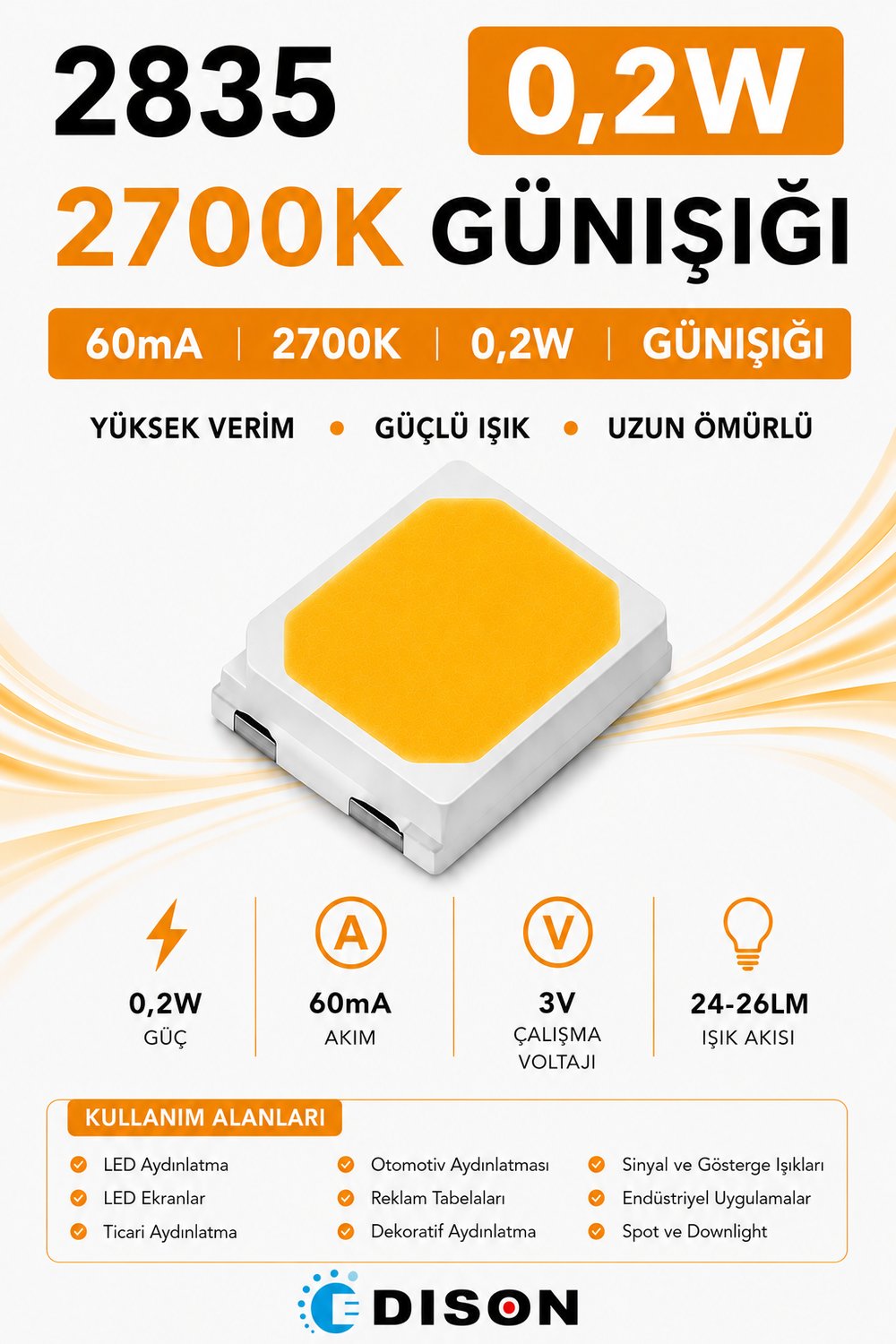 2835 60mA 2700K GÜNIŞIĞI 0.2W SMD LED