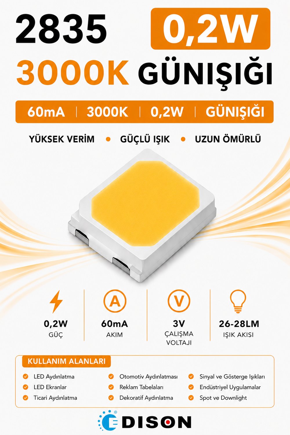 2835 60mA 3000K GÜNIŞIĞI 0.2W SMD LED
