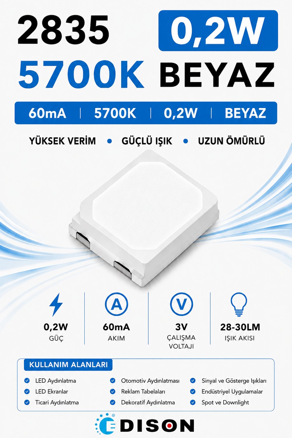 2835 60mA 5700K BEYAZ 0.2W SMD LED