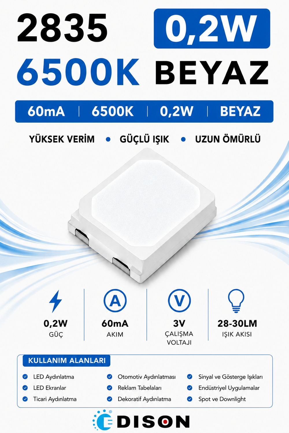 2835 60mA 6500K BEYAZ 0.2W SMD LED