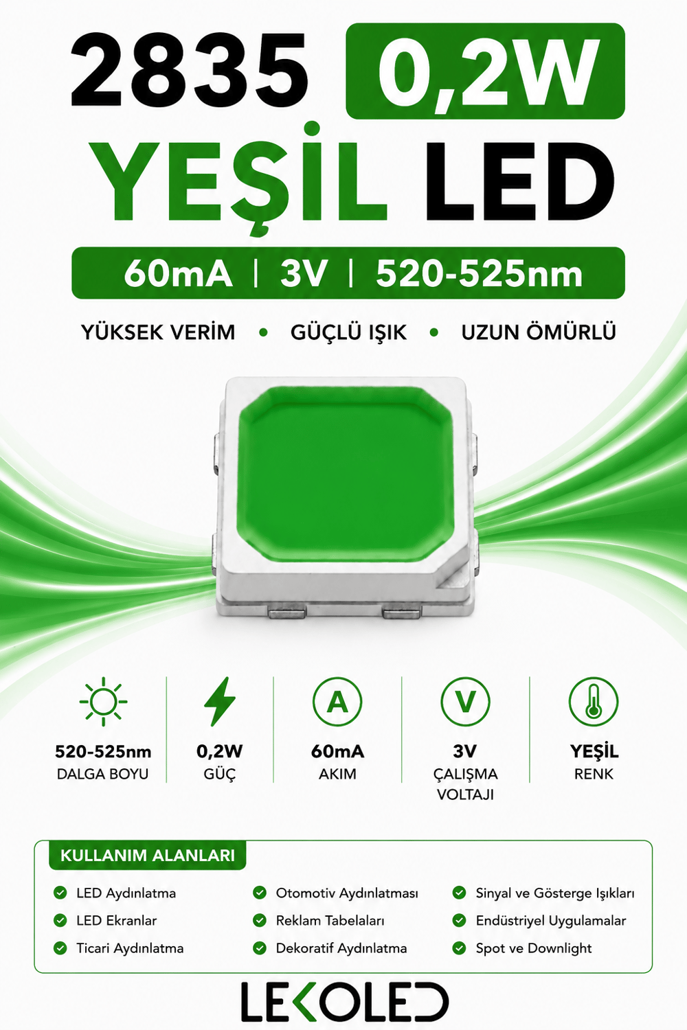 2835 0,2W YEŞİL 60mA 3V SMD LED 