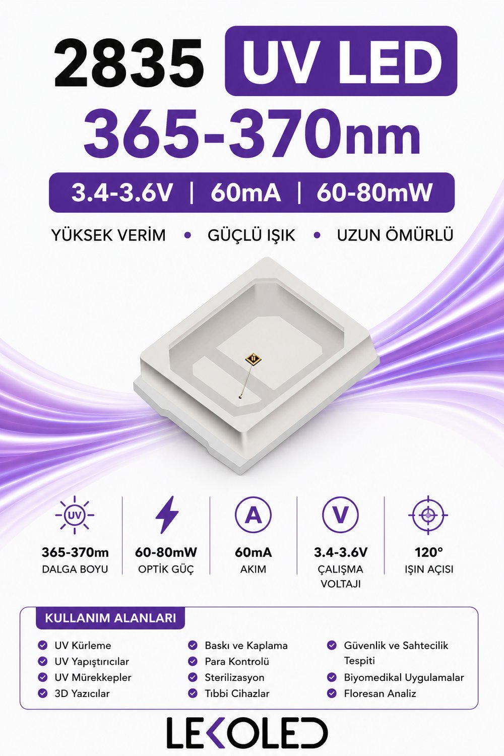 2835 UV LED 365-370nm 3.4-3.6V 60mA 60-80mW