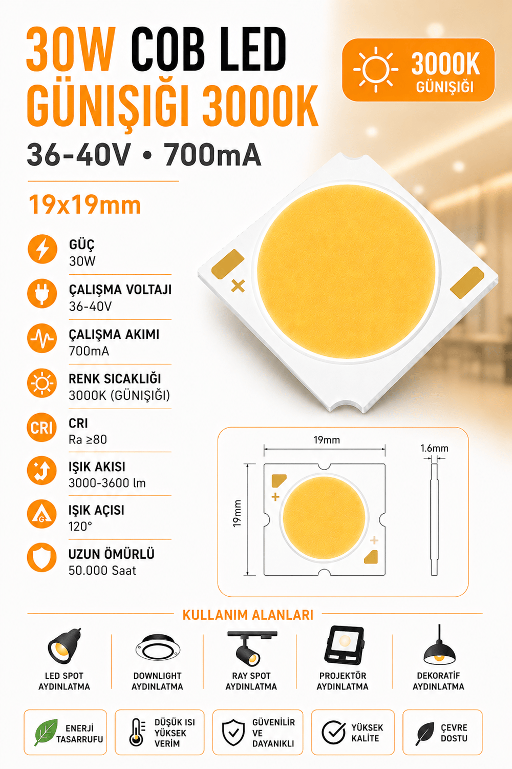 30W COB LED GÜNIŞIĞI 3000K 19x19mm 36-40V 700mA 