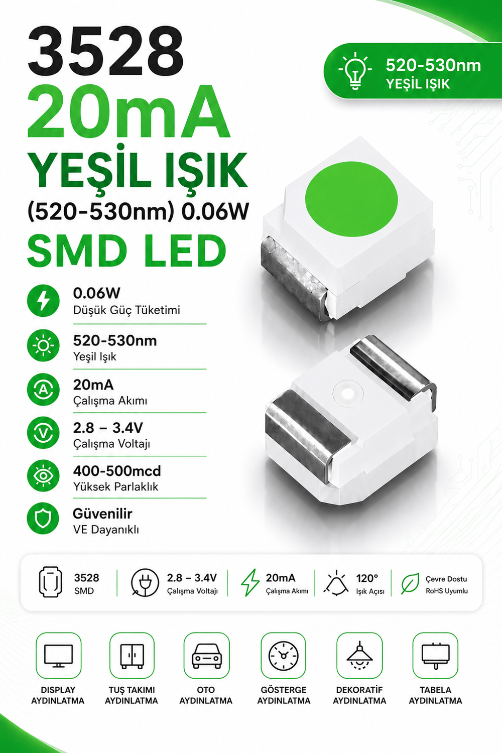 3528 20mA Yeşil 520-530nm SMD Led 