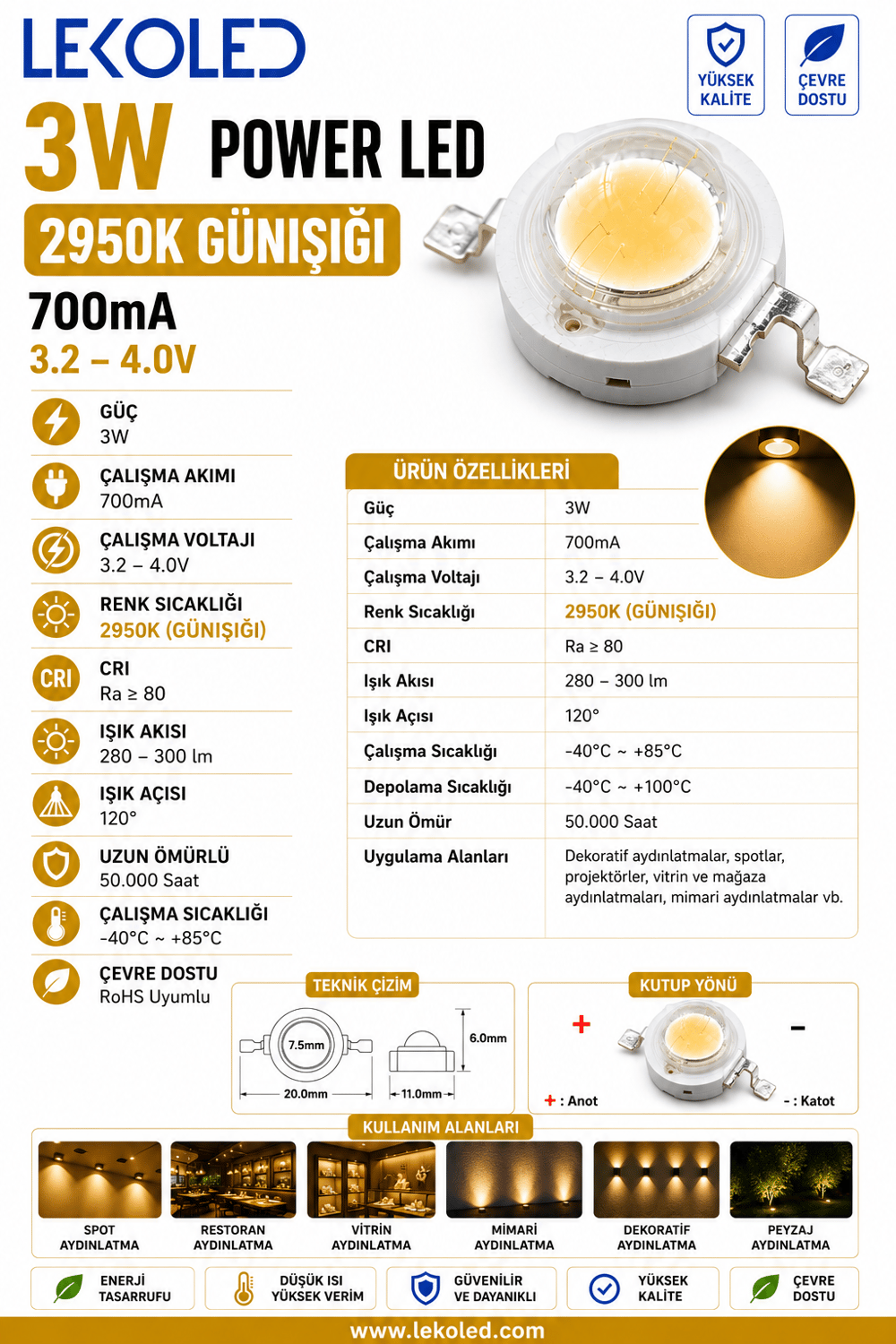 3W POWER LED 2950K GÜNIŞIĞI 700mA