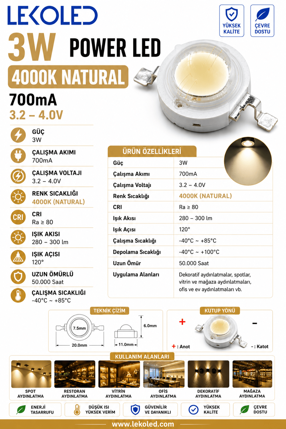 3W POWER LED 4000K NATURAL 700mA