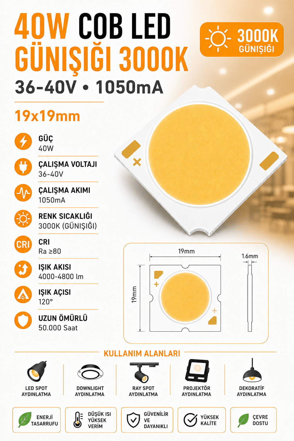 40W 19x19mm 3000K 36-40V 1050mA COB LED  