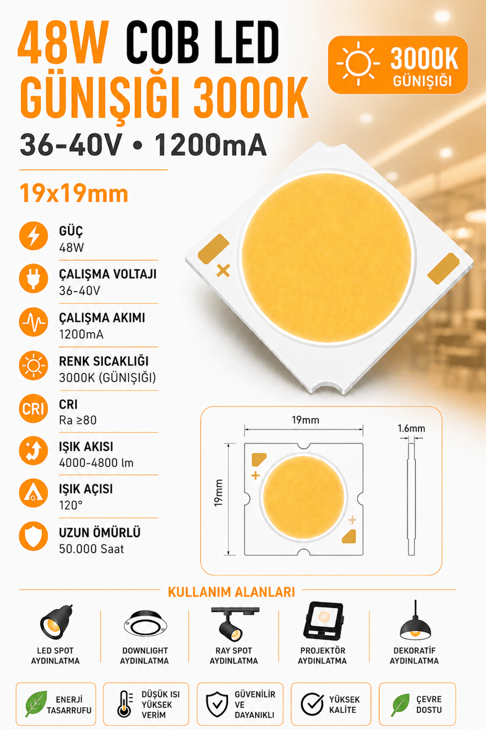 40W 19x19mm 3000K 36-40V 1050mA COB LED  