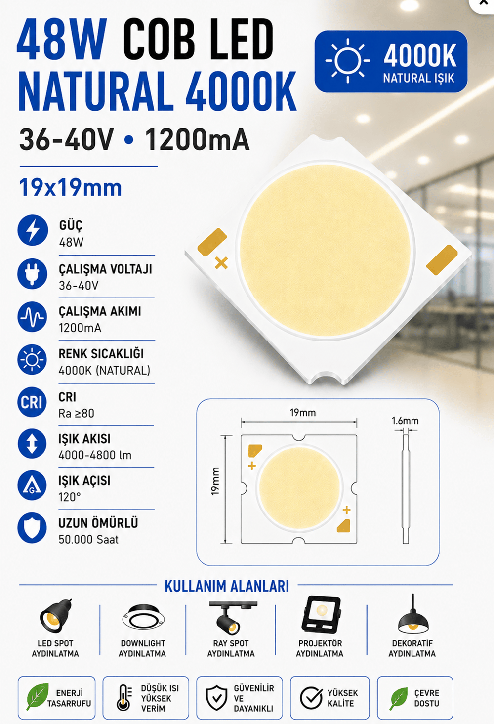 48W COB LED Natural 4000K 19x19mm 36-40V 1200mA