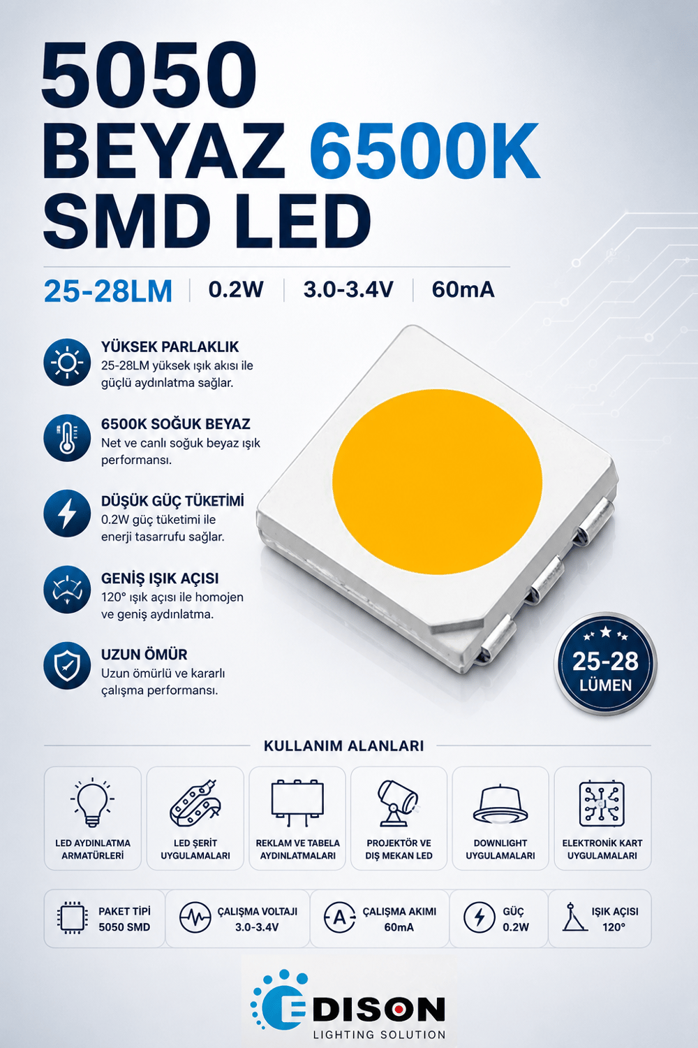 5050 BEYAZ 6500K SMD LED 