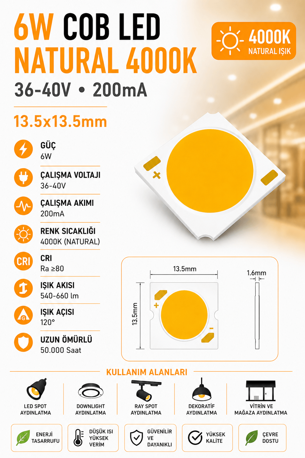 6W COB LED NATURAL 4000K 36-40V 200MA 13.5*13.5mm 