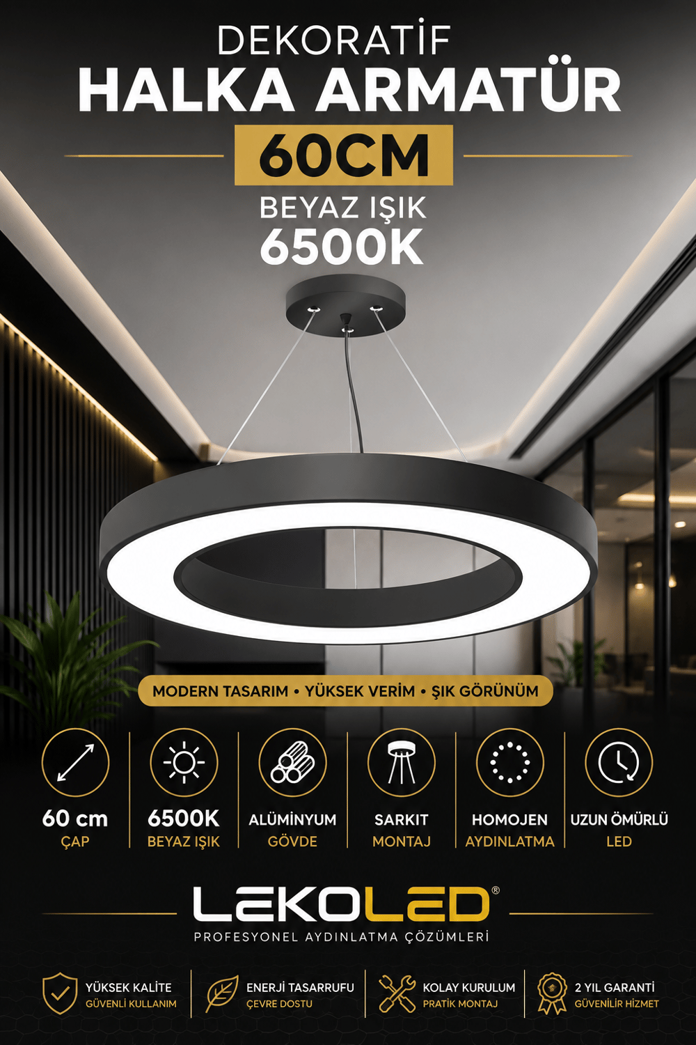 DEKORATİF HALKA ARMATÜR 60CM BEYAZ IŞIK 6500K