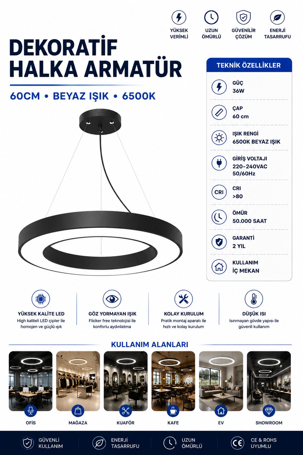 DEKORATİF HALKA ARMATÜR 60CM BEYAZ IŞIK 6500K