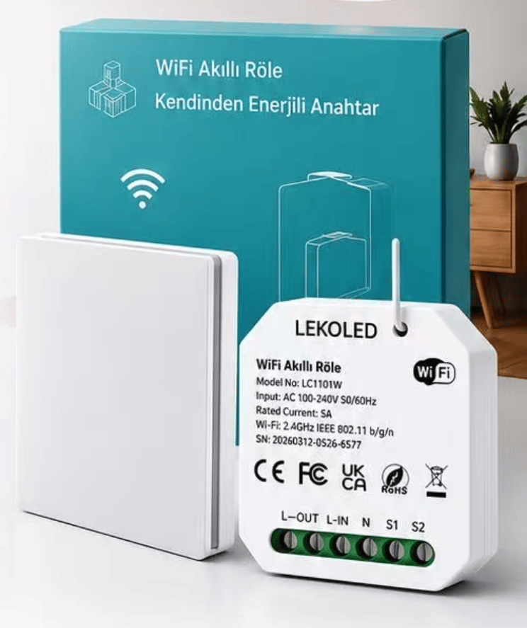 Kablosuz Tekli Duvar Anahtarı-Kendinden Enerjili ve 1 Adet Akıllı Kablosuz Anahtar Alıcısı Seti