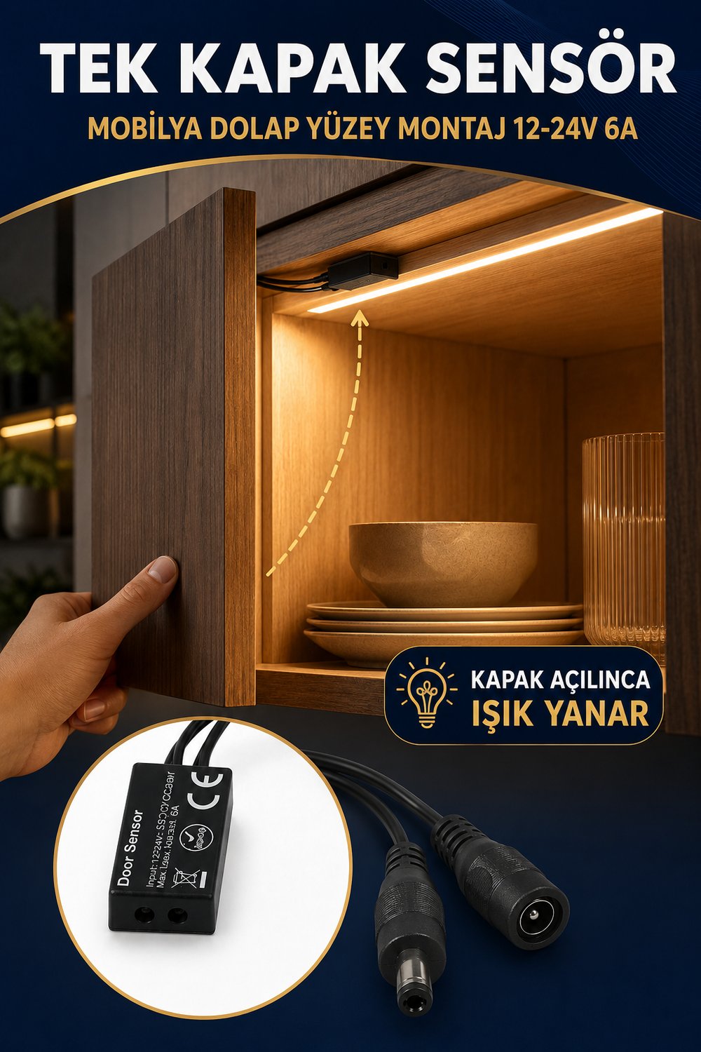 TEK KAPAK SENSOR MOBİLYA DOLAP YÜZEY MONTAJ 12-24V 6A