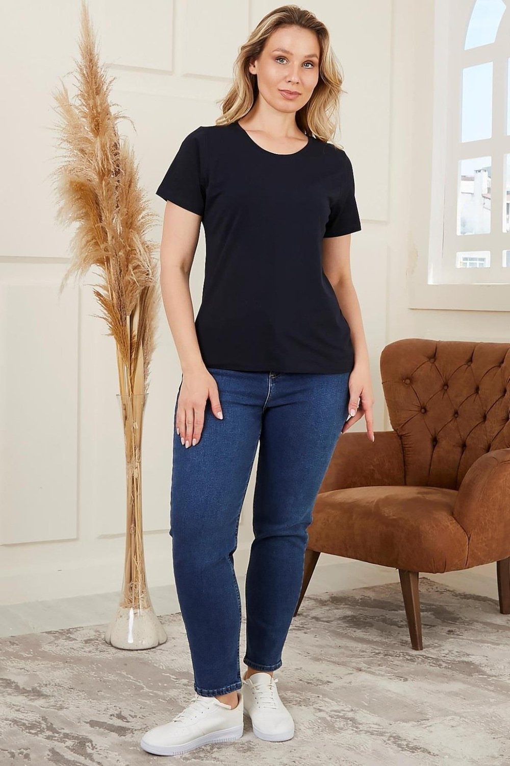 Büyük Beden Bisiklet Yaka Kısakol T-shirt 4054