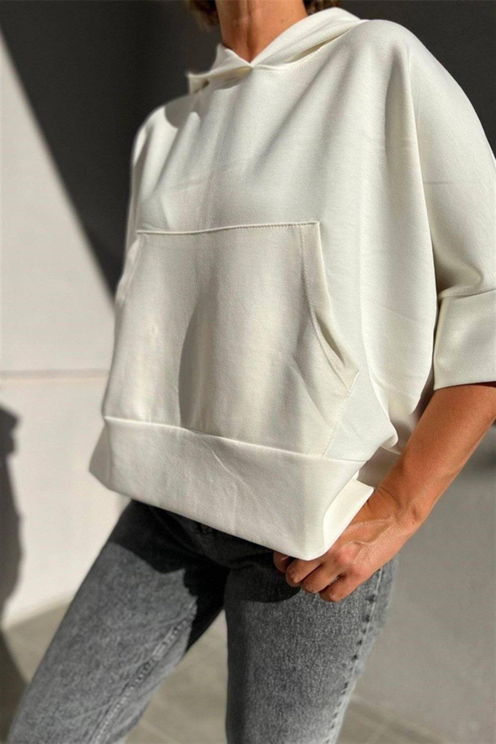 Kanguru Cep Kapüşonlu Oversize Modal Crop Sweat 26320