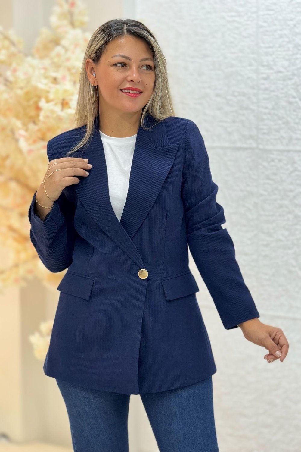 Premium Kalite Astarlı Tek Düğme Kadife Blazer Ceket Lacivert