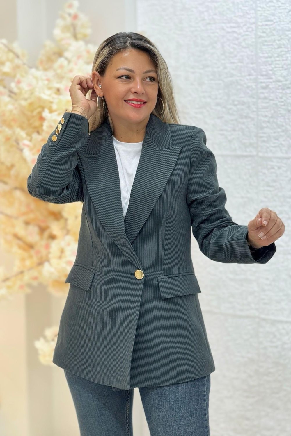 Premium Kalite Astarlı Tek Düğme Kadife Blazer Ceket Haki