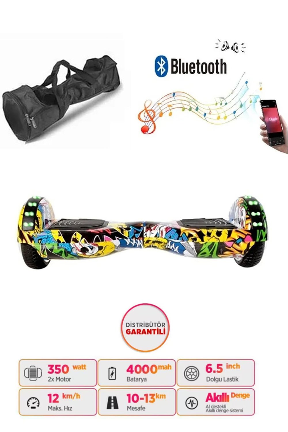 Elektrikli Kaykay Full Ledli Hoverboard Bluetooth Hoparlörlü 6.5 Inch Çanta Hediyeli D01
