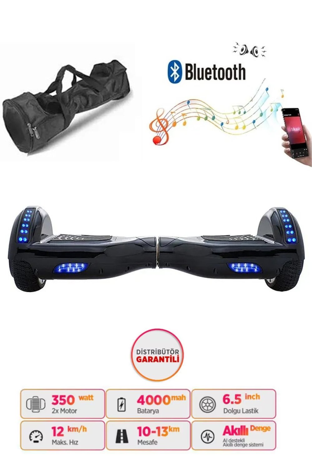 Elektrikli Kaykay Hoverboard 6.5 Inch Ledli Model - Siyah