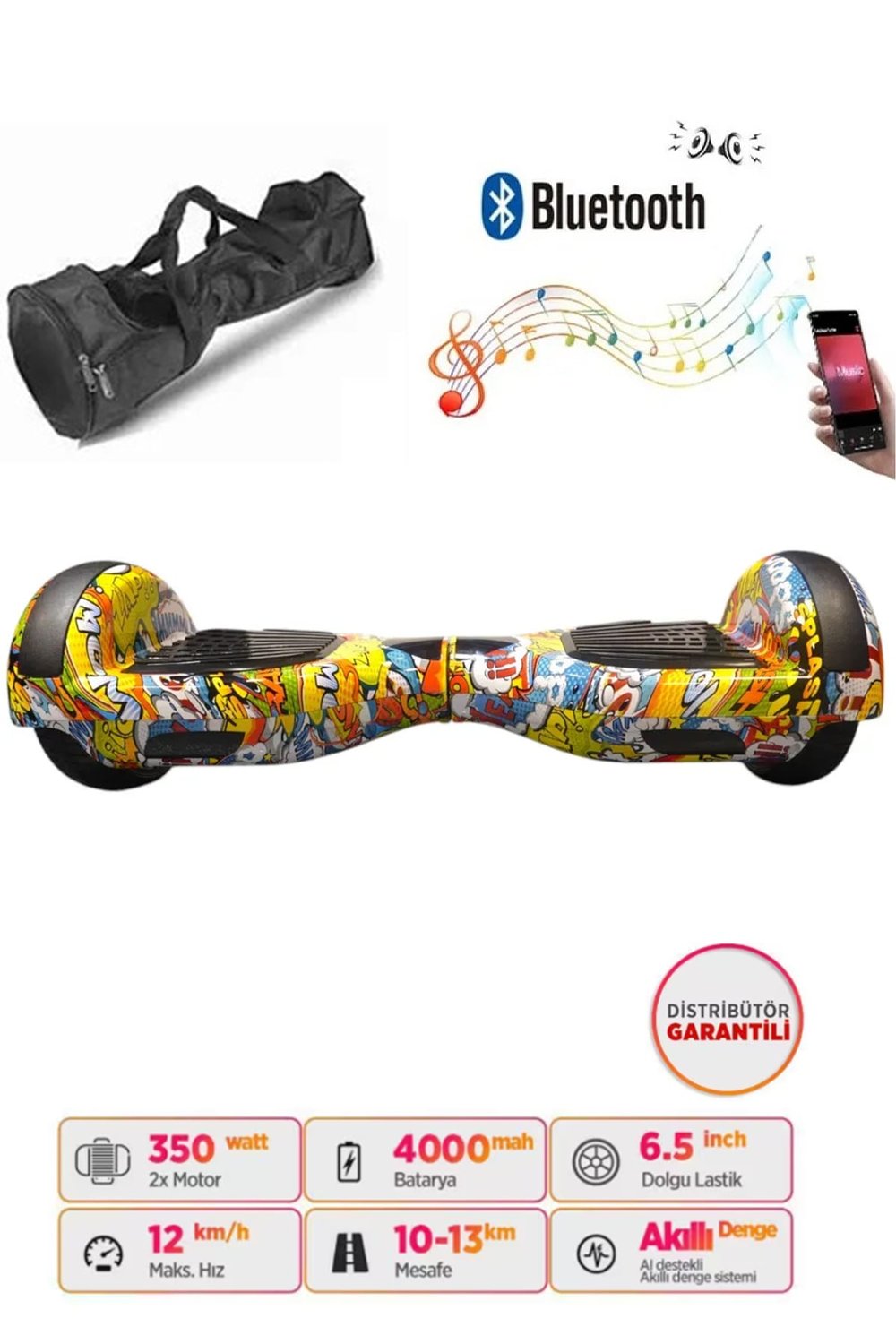 Elektrikli Kaykay Hoverboard Bluetooth Hoparlörlü 6.5 İnç Grafiti D25 - Çanta Hediye