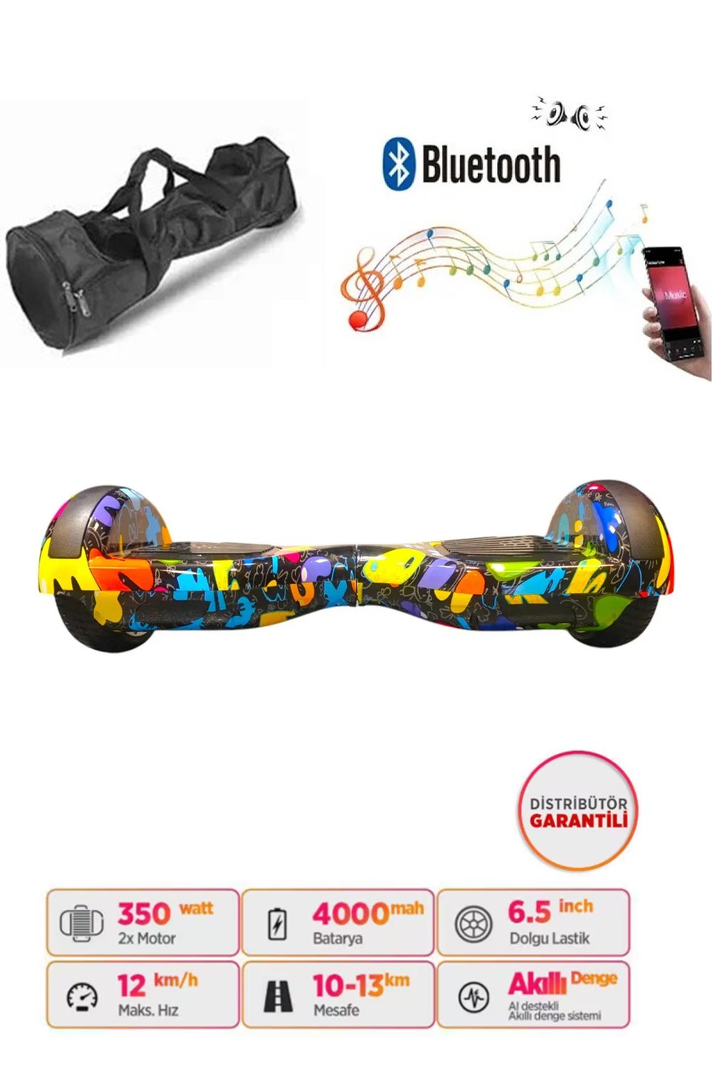 Elektrikli Kaykay Hoverboard Bluetooth Hoparlörlü 6.5 İnç Grafiti D08 - Çanta Hediye