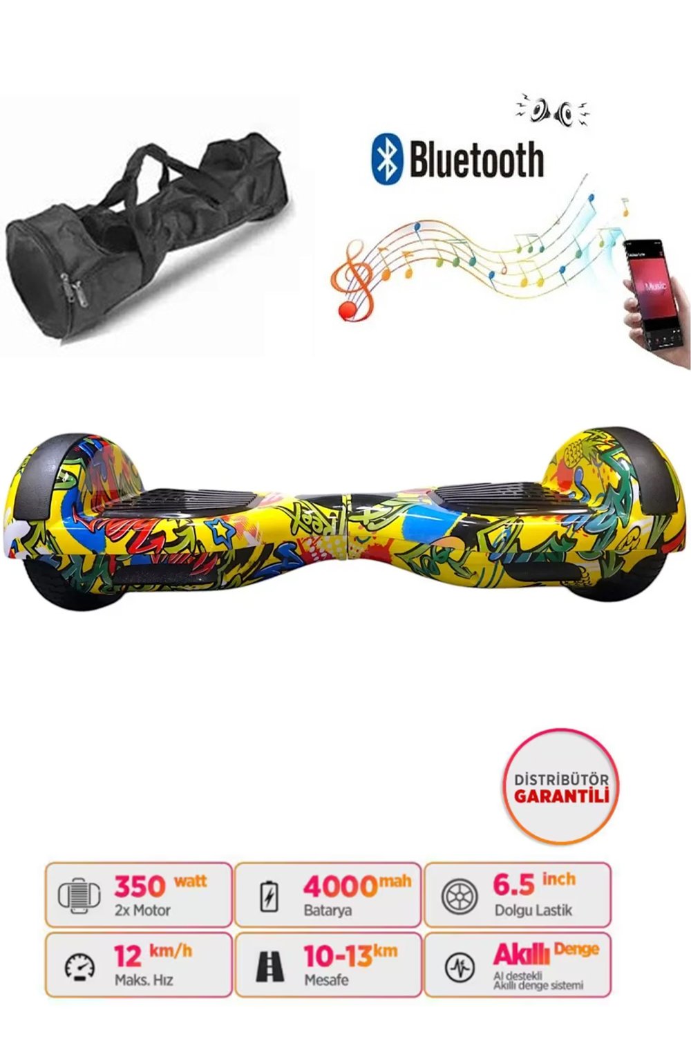Elektrikli Kaykay Hoverboard Bluetooth Hoparlörlü 6.5 İnç Grafiti D21 - Çanta Hediye
