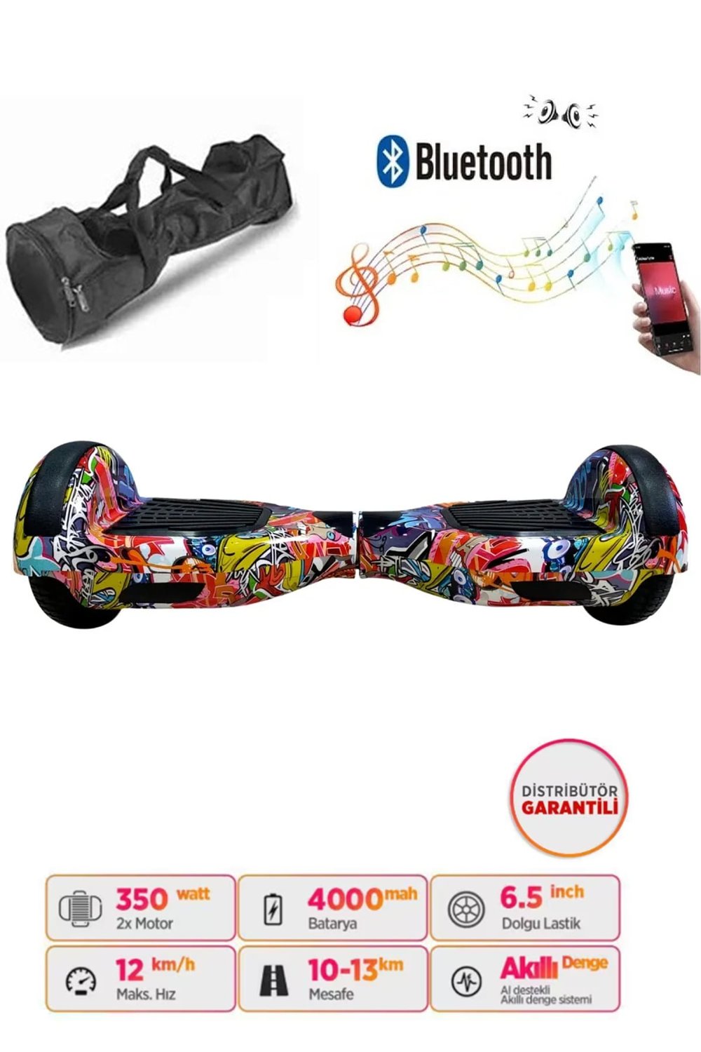 Elektrikli Kaykay Hoverboard Bluetooth Hoparlörlü 6.5 İnç Grafiti D11 - Çanta Hediye