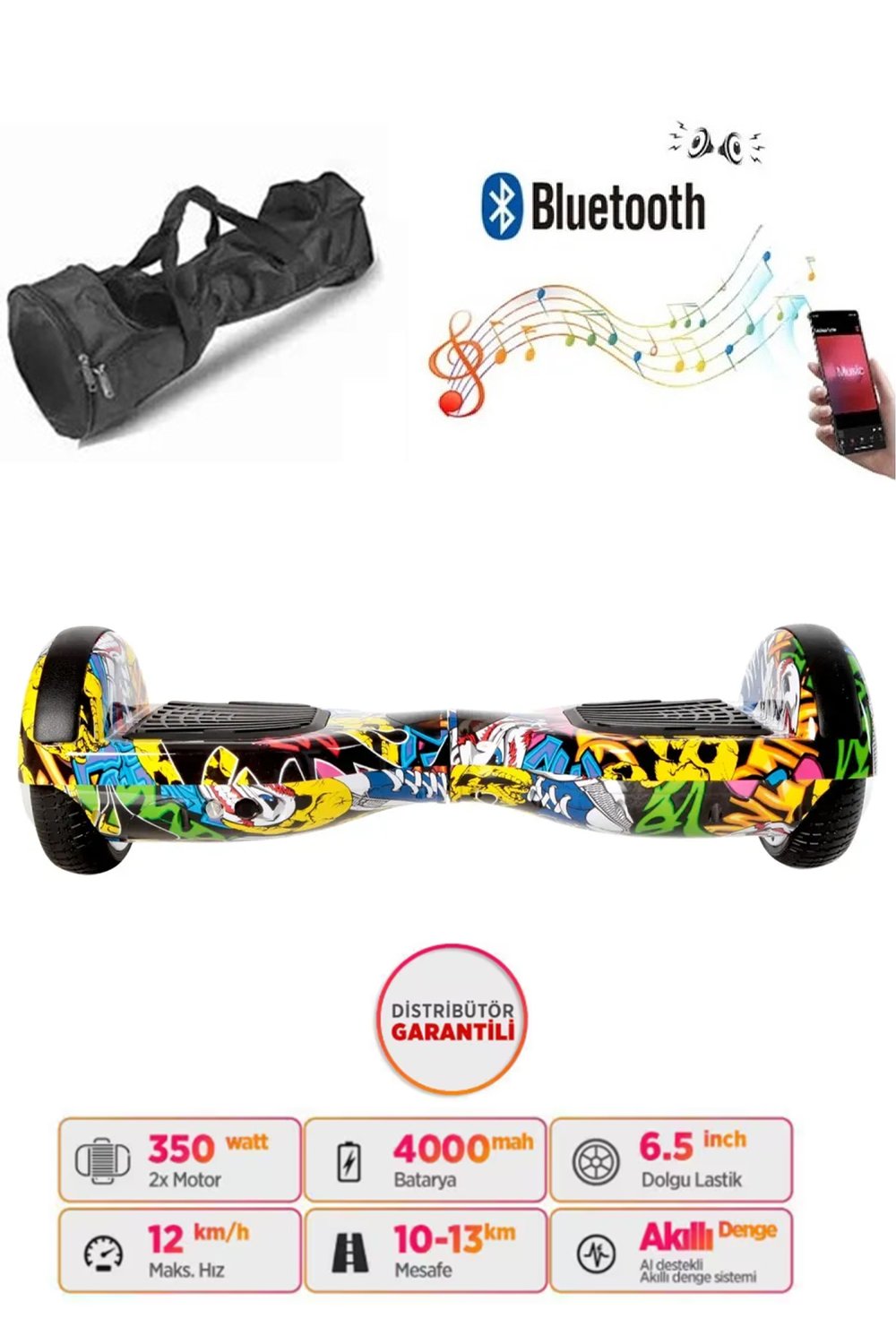 Elektrikli Kaykay Hoverboard Bluetooth Hoparlörlü 6.5 İnç Grafiti D01 - Çanta Hediye