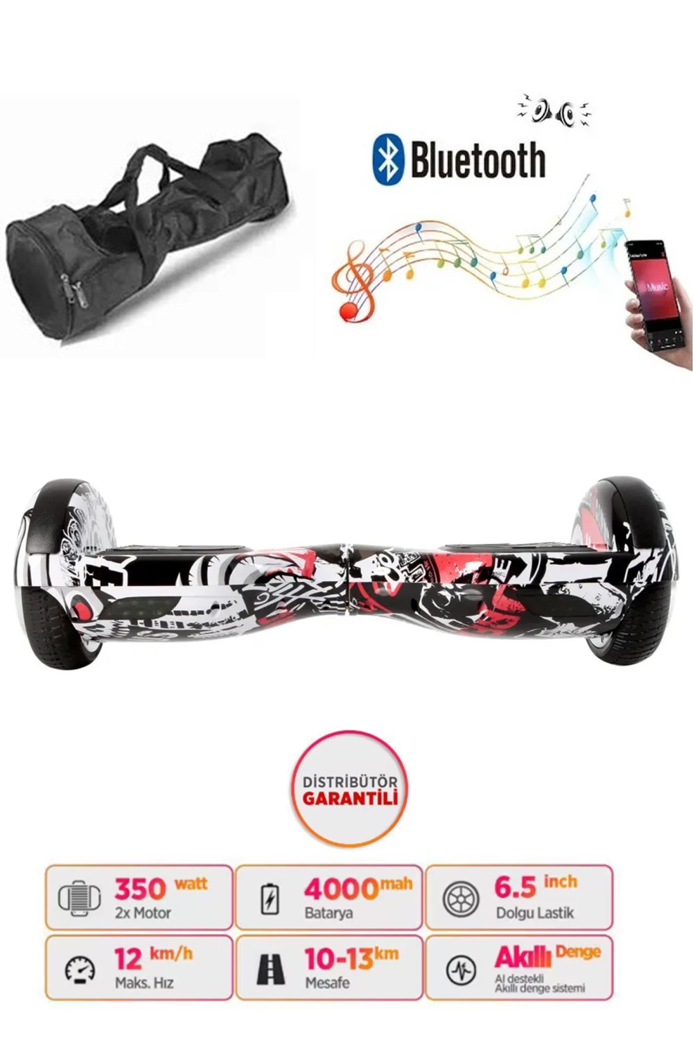 Elektrikli Kaykay Hoverboard Bluetooth Hoparlörlü 6.5 İnç Grafiti D06 - Çanta Hediye