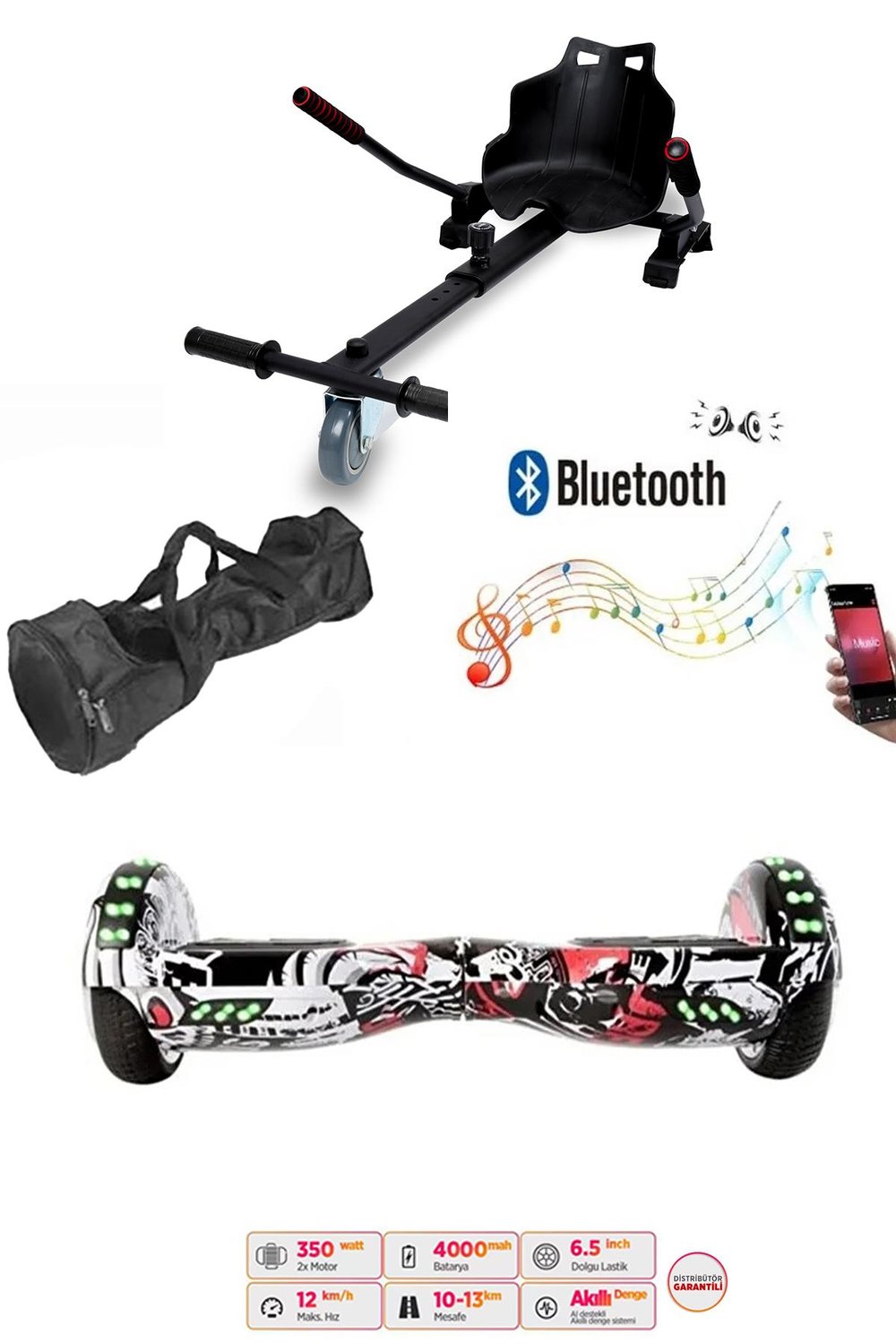 Elektrikli Kaykay Scooter Akıllı Denge Hoverboard + HoverKart + Çanta FULL LEDLİ EXTREM PAKET D06