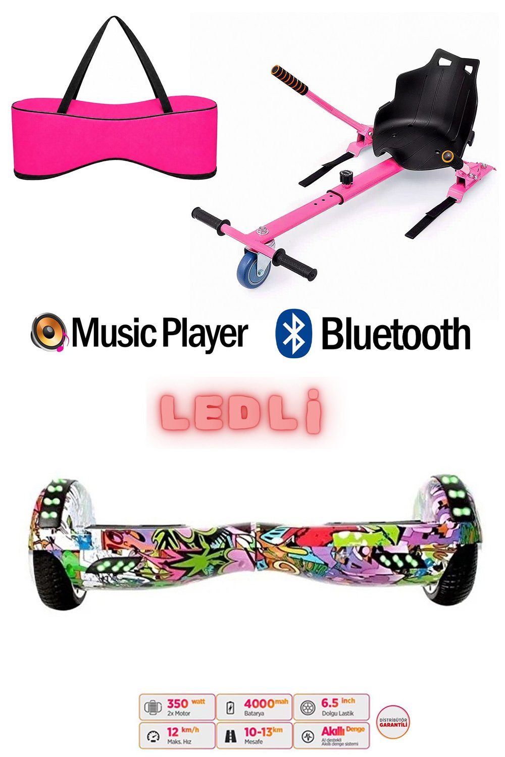 Elektrikli Kaykay Scooter Akıllı Denge Hoverboard + HoverKart + Çanta FULL LEDLİ EXTREM90 PAKET D04