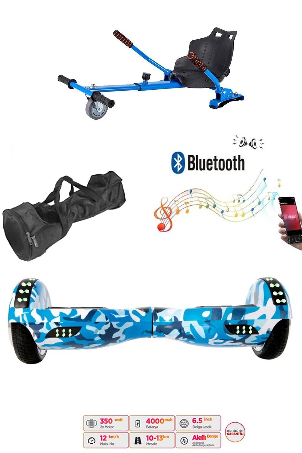 Elektrikli Kaykay Scooter Akıllı Denge Hoverboard + HoverKart + Çanta FULL LEDLİ EXTREM PAKET D03