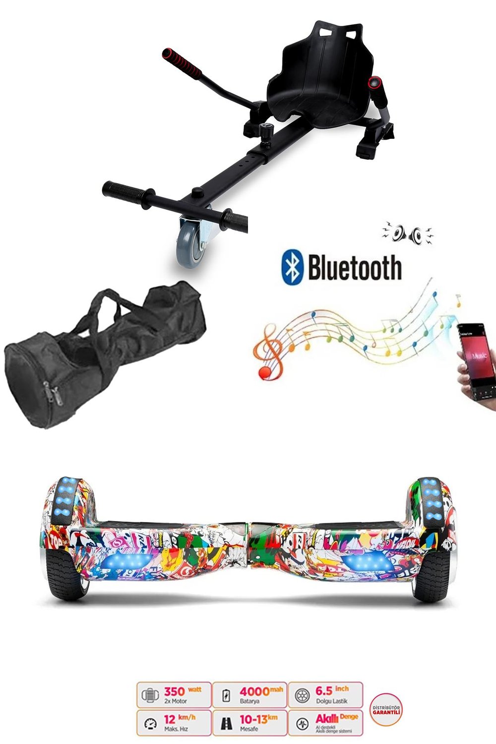Elektrikli Kaykay Scooter Akıllı Denge Hoverboard + HoverKart + Çanta FULL LEDLİ EXTREM PAKET D19