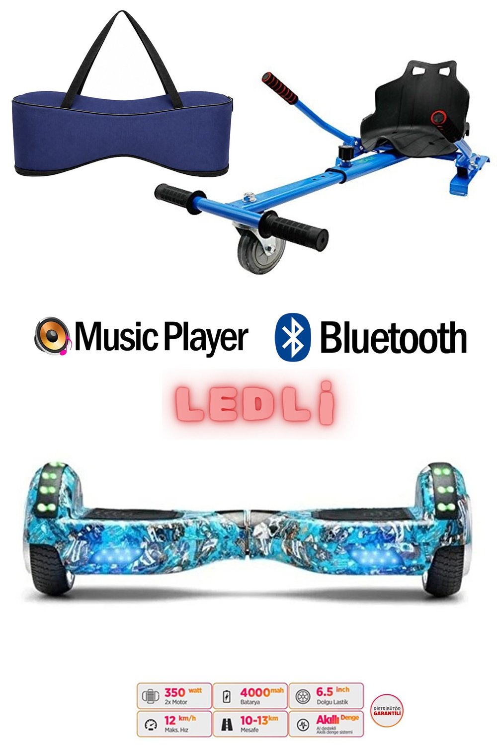 Elektrikli Kaykay Scooter Akıllı Denge Hoverboard + HoverKart + Çanta FULL LEDLİ EXTREM89 PAKET D20