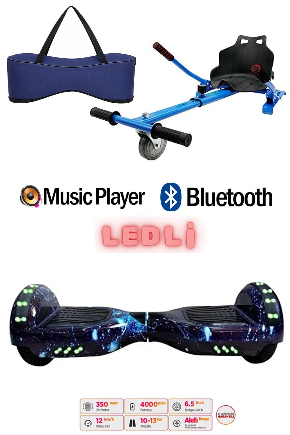 Elektrikli Kaykay Scooter Akıllı Denge Hoverboard + HoverKart + Çanta FULL LEDLİ EXTREM87 PAKET D12