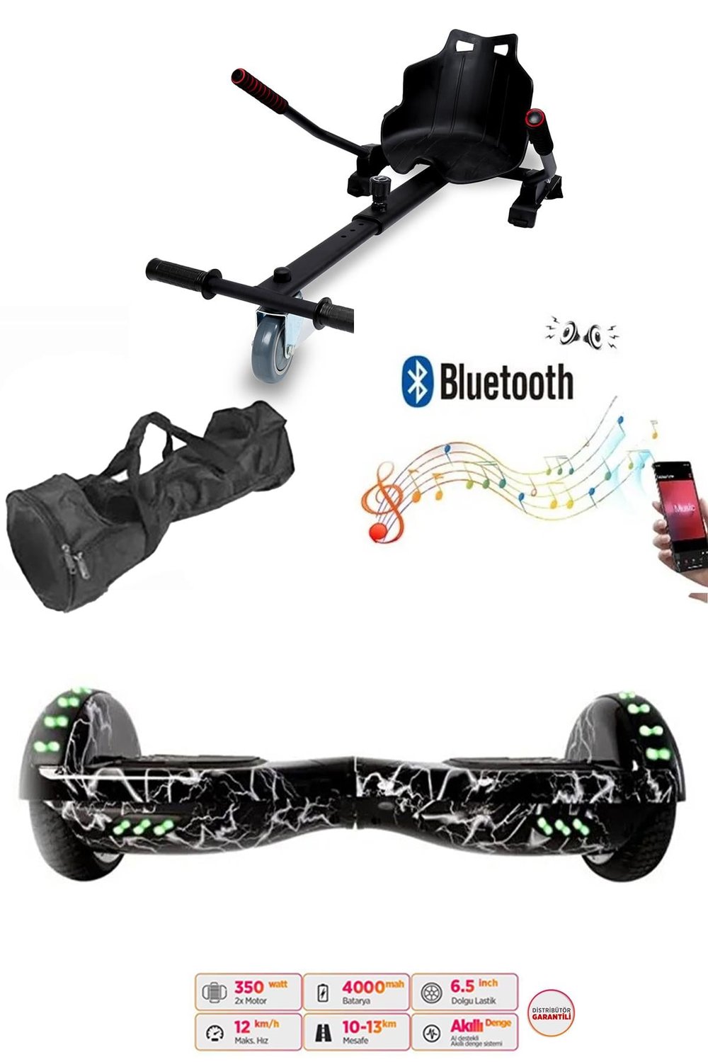 Elektrikli Kaykay Scooter Akıllı Denge Hoverboard + HoverKart + Çanta FULL LEDLİ EXTREM PAKET D02