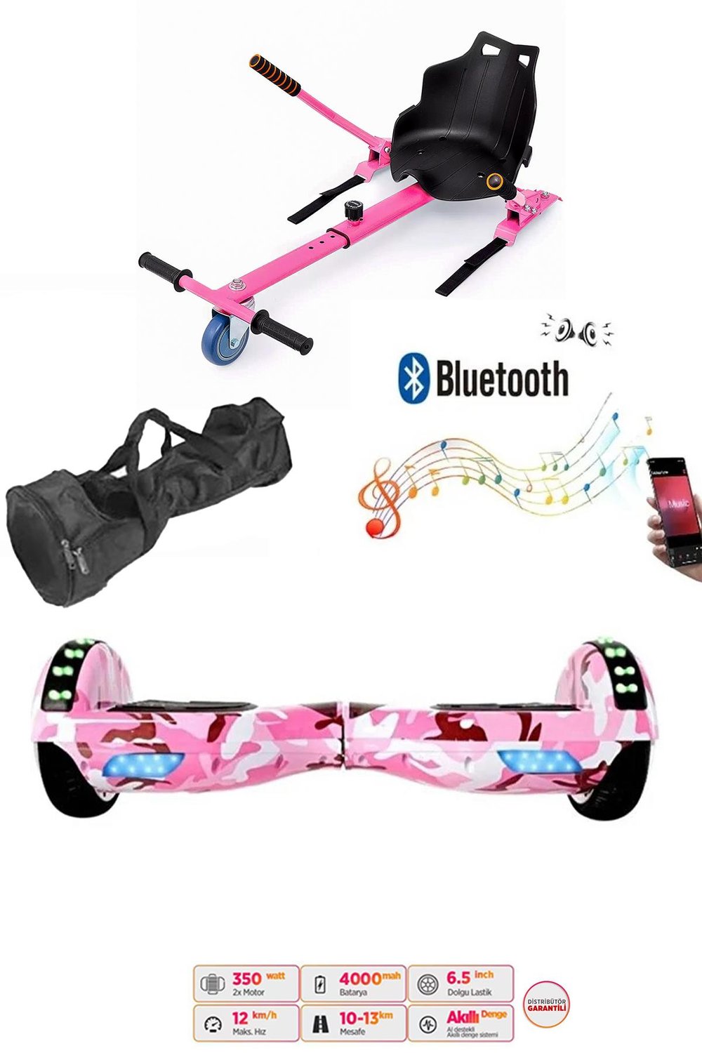 Elektrikli Kaykay Scooter Akıllı Denge Hoverboard + HoverKart + Çanta FULL LEDLİ EXTREM PAKET D05