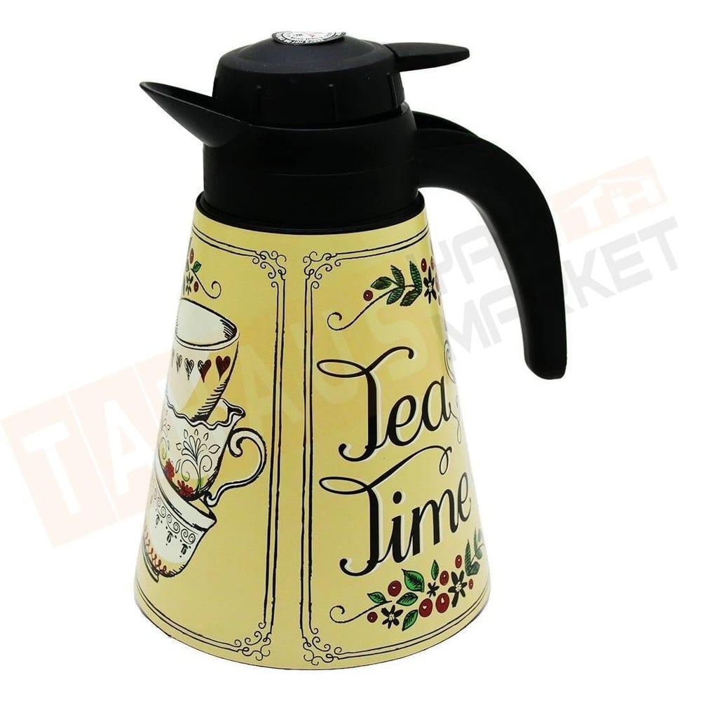 Herevin-161704-004 ( 1.2lt ) ( Içi Cam ) ( Krem & Renkli & Fincan Desenli & Tea Time ) Konik Plastik Termos