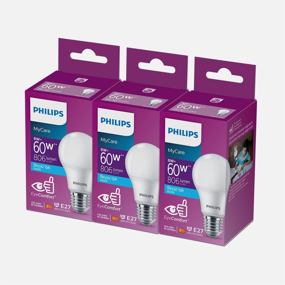 Philips Essential 60 W Beyaz Klasik E27 Duy 3'lü Led Ampul