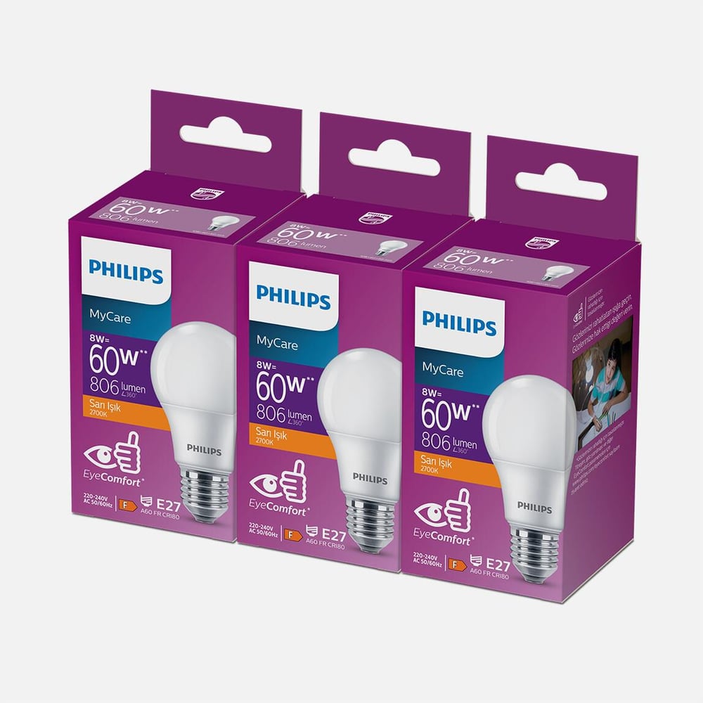 Philips Essential 60 W Sarı Klasik E27 Duy 3'lü Led Ampul